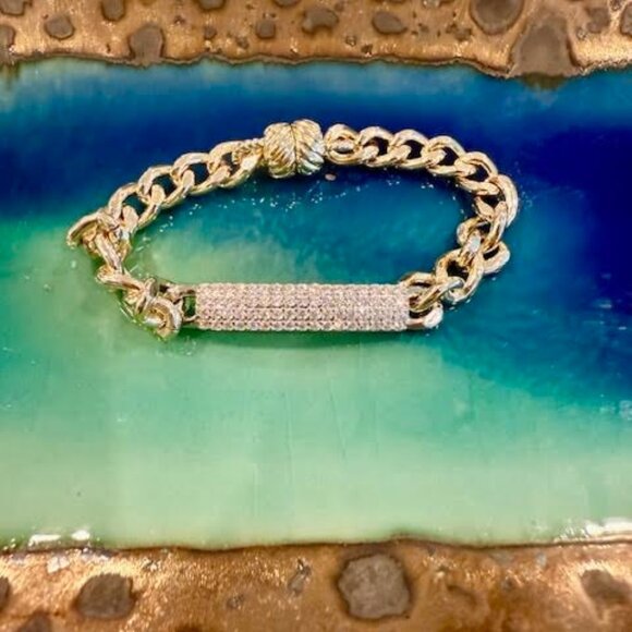 SOLD OUT! 14K Gold Plated CZ Pave Bar Pointed Cuban Chain Magnetic Bracelet - Picture 2 of 2